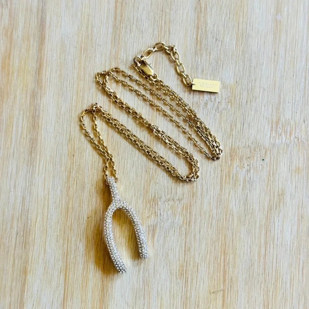 Michael Kors Gold Plated Wishbone Necklace Crystal Pave Authentic Rare Box Chain